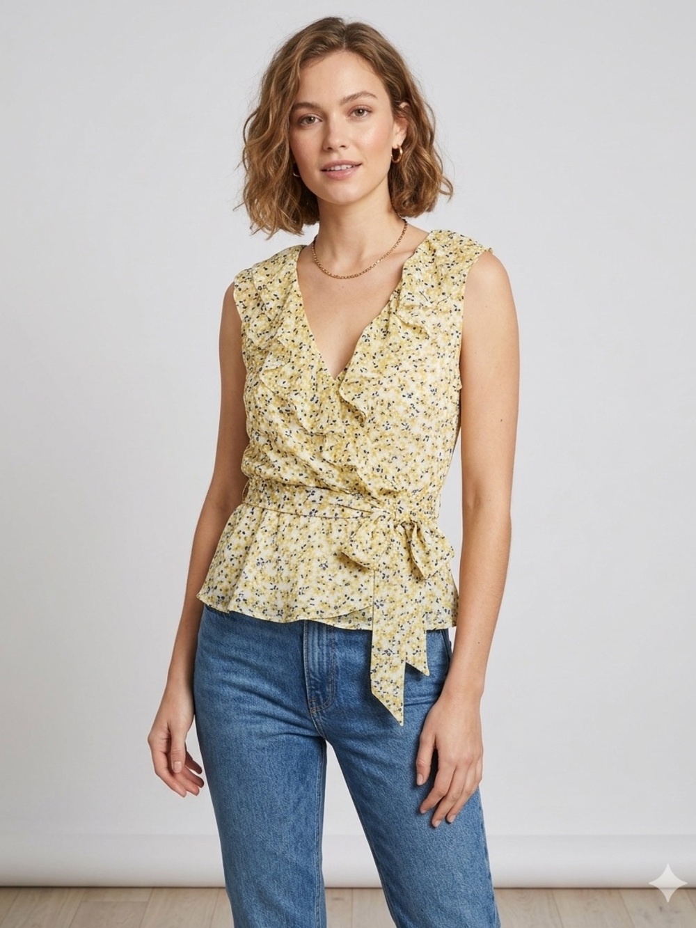 Max Studio Yellow Floral Ruffle V-Neck Wrap Cami